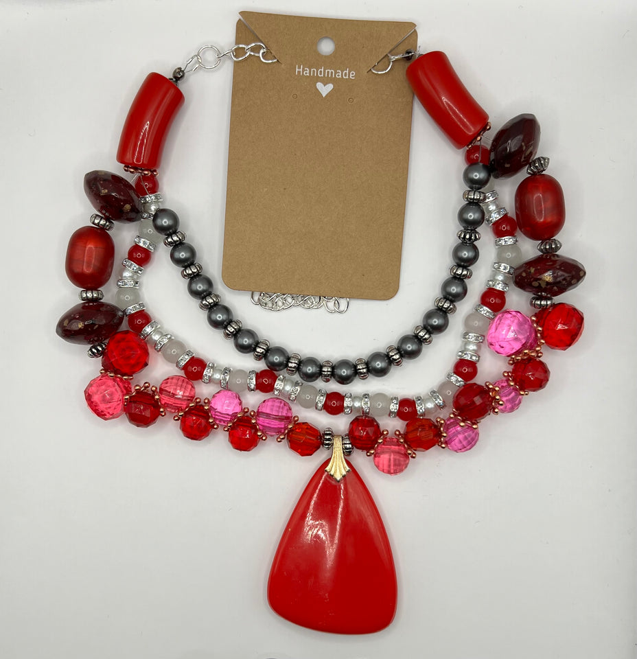 Three Strand Red Glass And White & Black Pearl Necklace image 2