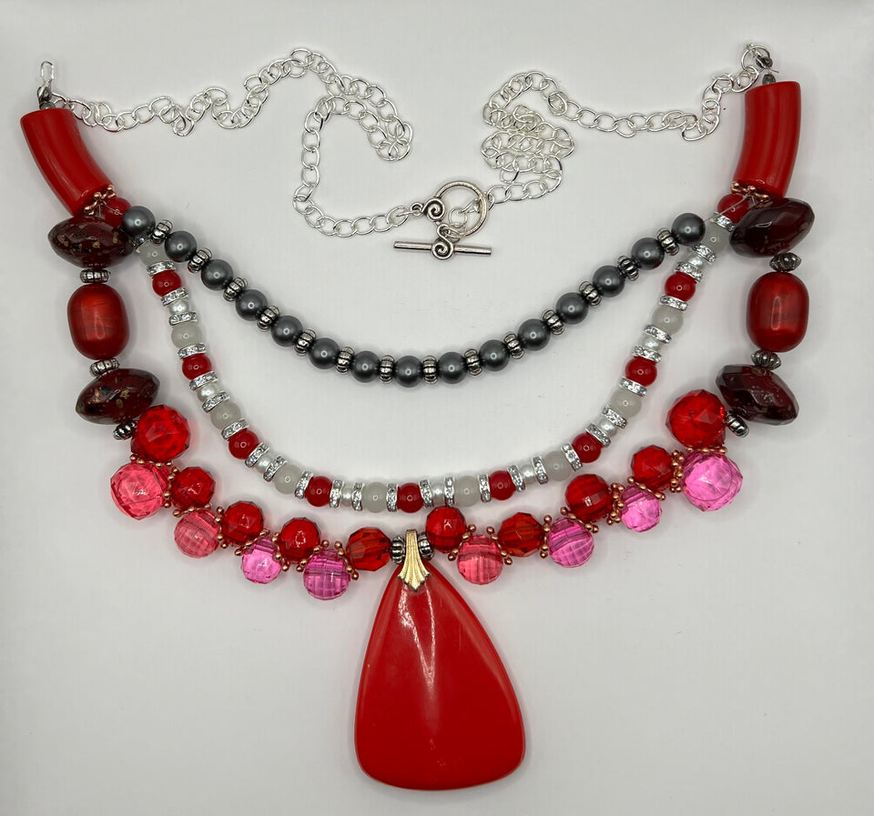 Three Strand Red Glass And White & Black Pearl Necklace image 1