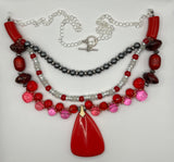 Three Strand Red Glass And White & Black Pearl Necklace image 1