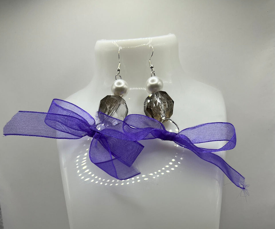 Faux Pure White Glass Pearl & Smokey  Purple Bow Earrings image 0