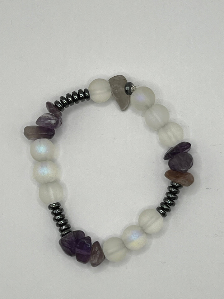Moonstone, Hematite and Amethyst Stretch Bracelet image 1