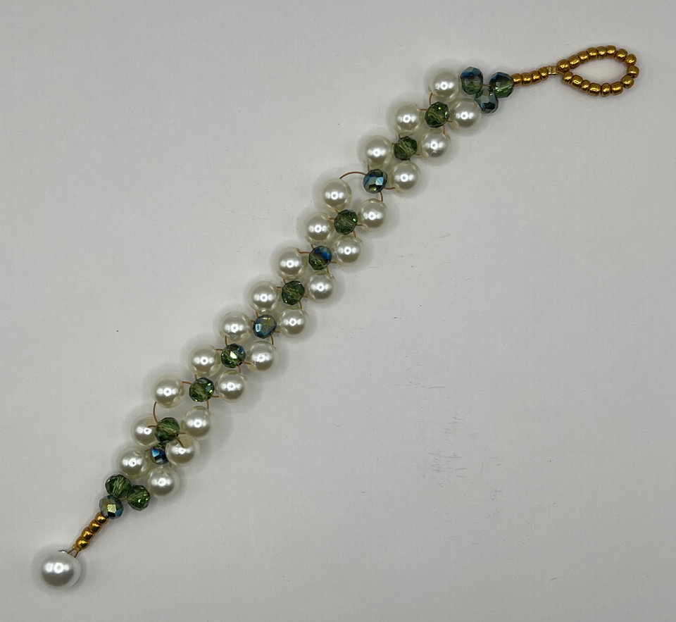 Double Strand Faux  Pearls withBlue/Silver Acrylic Bead Pearl Button Bracelet image 1