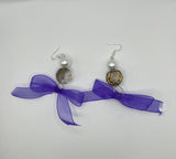 Faux Pure White Glass Pearl & Smokey  Purple Bow Earrings image 1