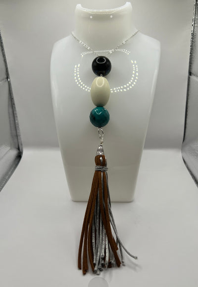 Faux Suede & Fabric Tassle Beaded 'Y' Necklace image 0