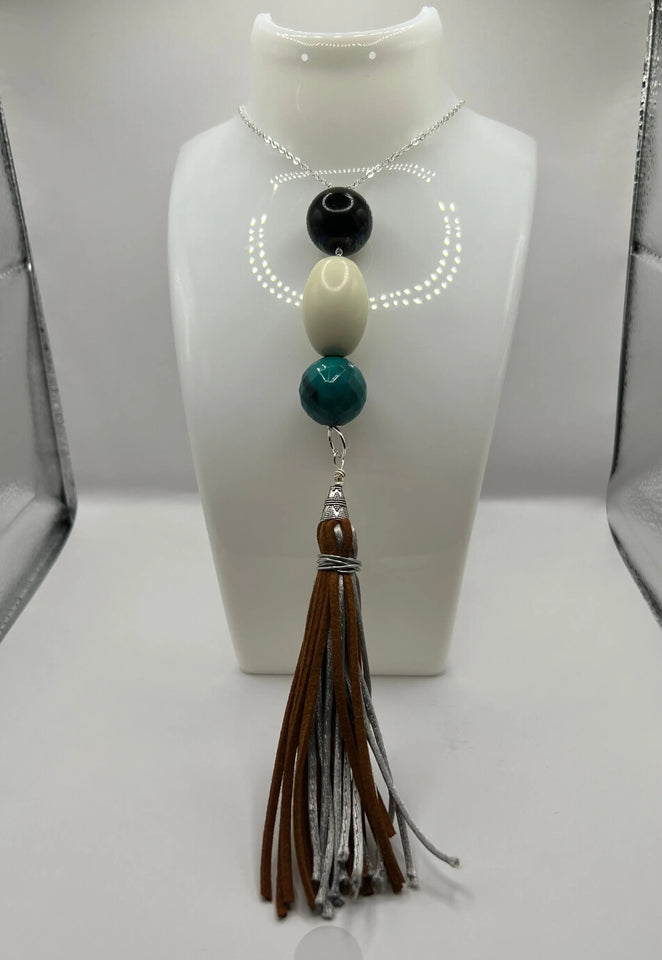 Faux Suede & Fabric Tassle Beaded 'Y' Necklace image 0