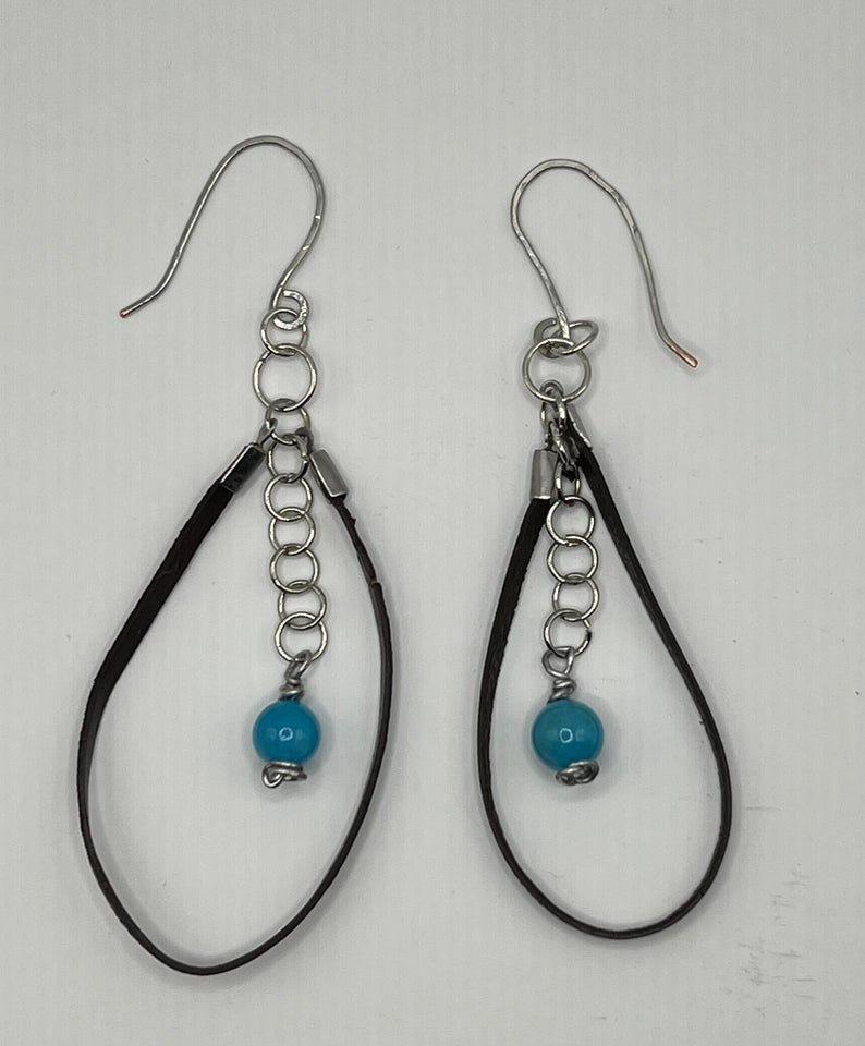 Faux Leather & Blue Bead Dangle Earrings image 1
