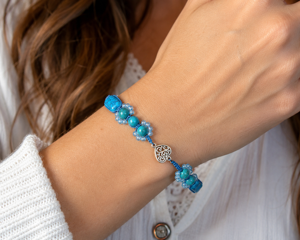 Silver Heart Link Howlite Macramé Bracelet Kel’s Lampworked Glass Jewellery & More