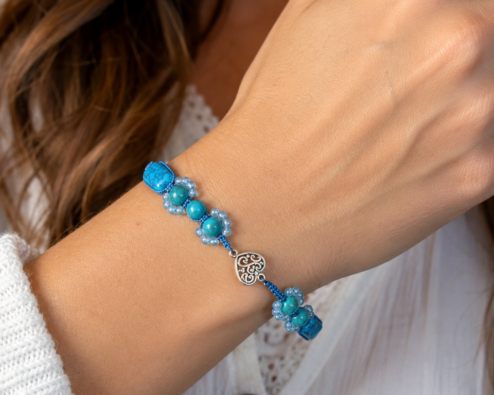 Silver Heart Link Howlite Macramé Bracelet 0.1 Kel's Lampworked Glass Jewellery & More