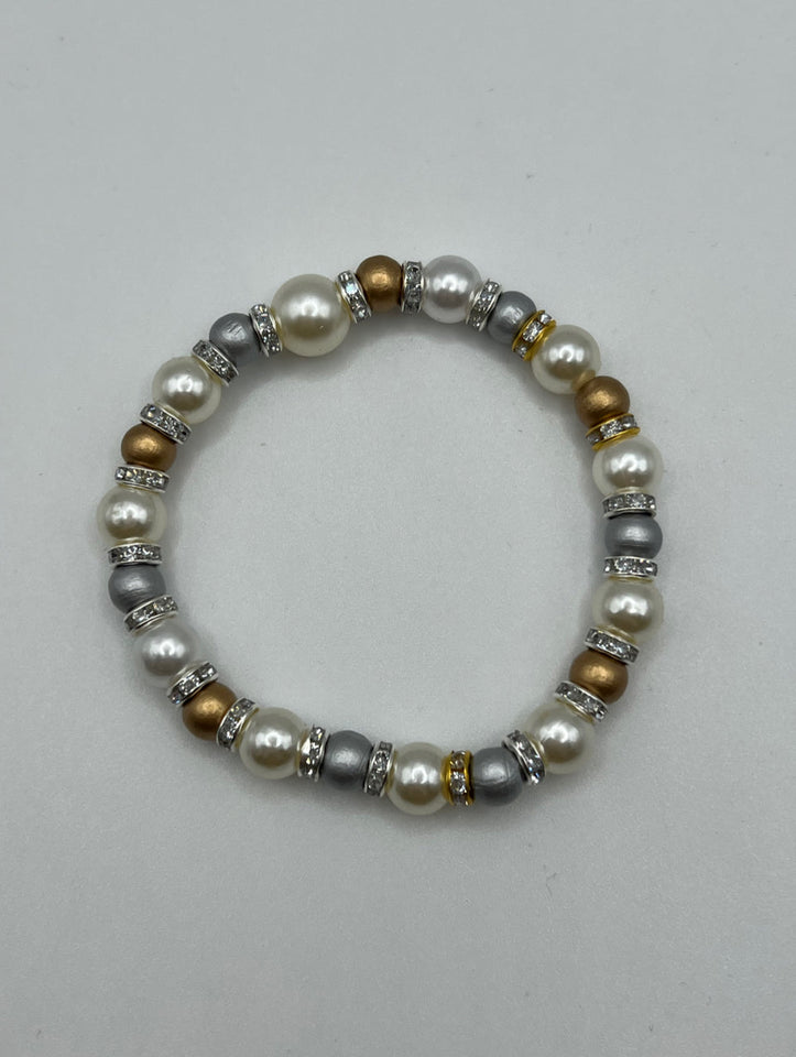 Faux Pearls Draped In Sparkle With Gold & Silver Stretch Bracelet - Kel’s Lampworked Glass Jewellery & More