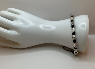 Leather & Metal Pattern Beaded Barrel Knots Unisex Bracelet - Kel’s Lampworked Glass Jewellery & More