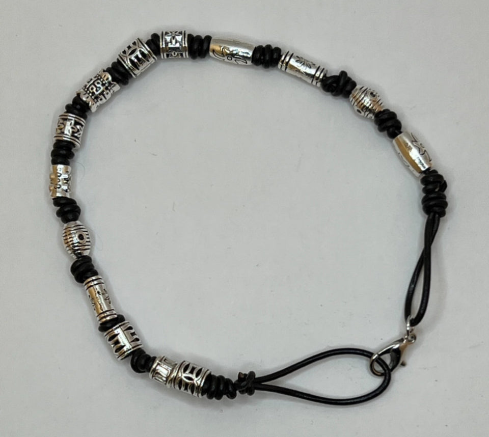 Leather & Metal Pattern Beaded Barrel Knots Unisex Bracelet - Kel’s Lampworked Glass Jewellery & More