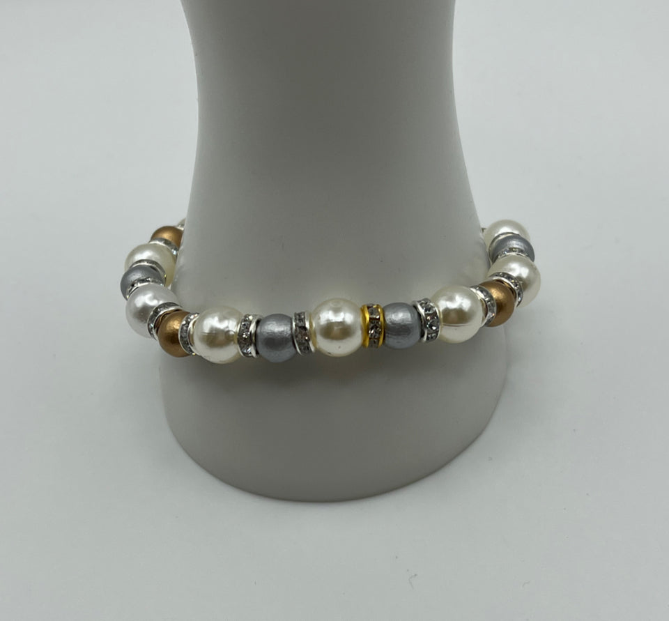 Faux Pearls Draped In Sparkle With Gold & Silver Stretch Bracelet - Kel’s Lampworked Glass Jewellery & More