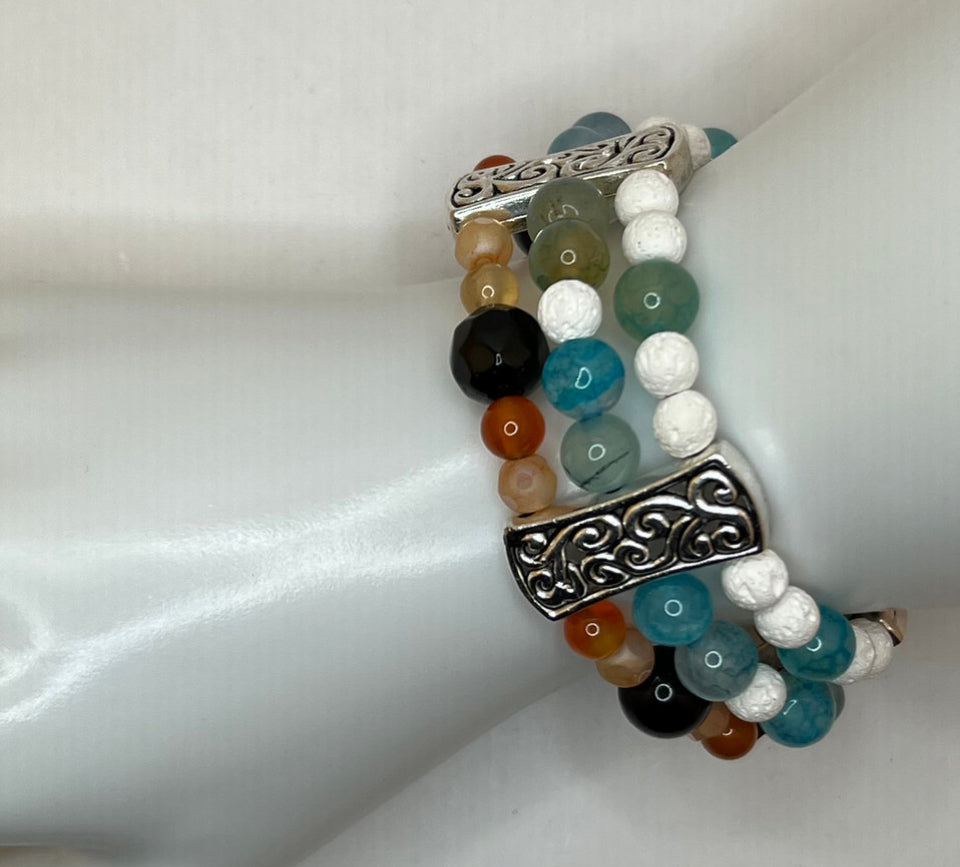 The Swirls & Beautiful Colours gemstone triple strand - Kel’s Lampworked Glass Jewellery & More