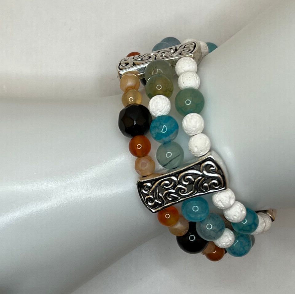 The Swirls & Beautiful Colours gemstone triple strand - Kel’s Lampworked Glass Jewellery & More