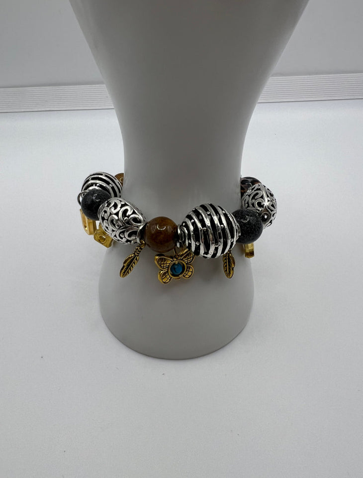 Metal and Glass Beads Charm Stretch Bracelet - Kel’s Lampworked Glass Jewellery & More