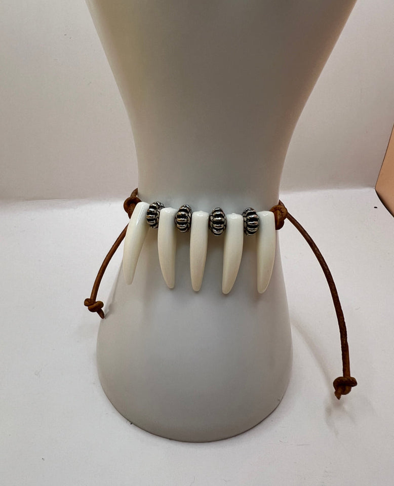 Faux Shark Tooth And Faux Leather Bracelet - Kel’s Lampworked Glass Jewellery & More