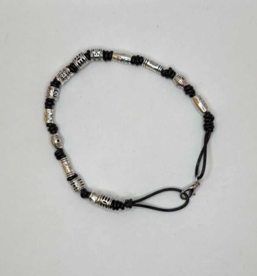 Leather & Metal Pattern Beaded Barrel Knots Unisex Bracelet - Kel’s Lampworked Glass Jewellery & More