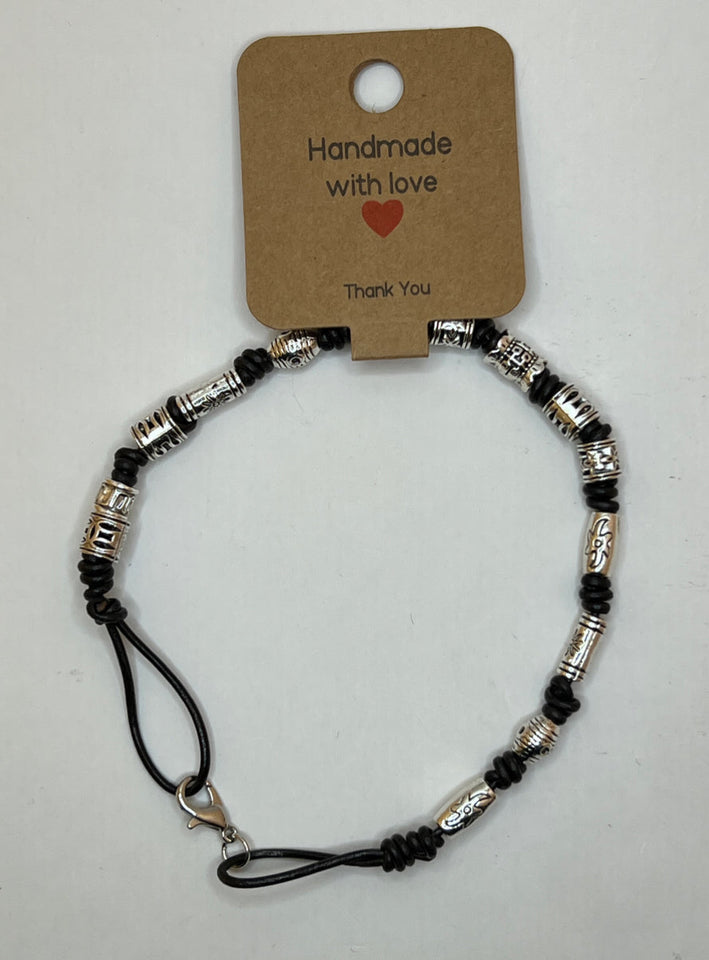Leather & Metal Pattern Beaded Barrel Knots Unisex Bracelet - Kel’s Lampworked Glass Jewellery & More