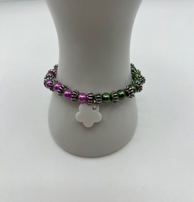 Asymmetric Pink & Green Flower Stretch Bracelet - Kel’s Lampworked Glass Jewellery & More
