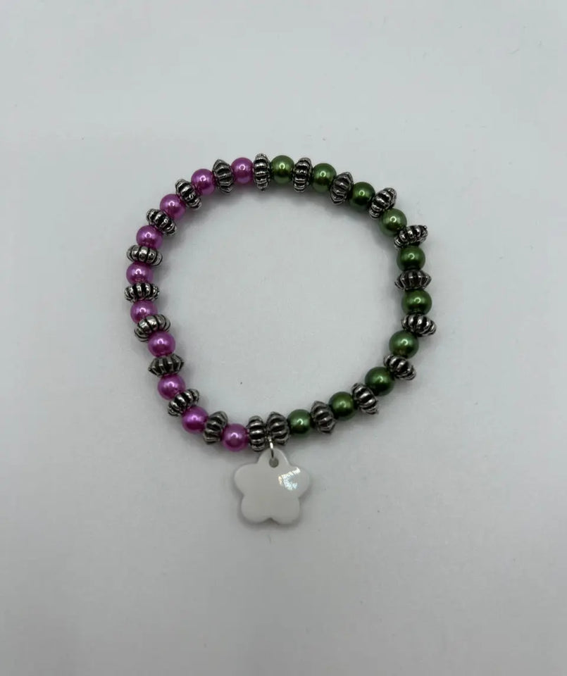 Asymmetric Pink & Green Flower Stretch Bracelet - Kel’s Lampworked Glass Jewellery & More