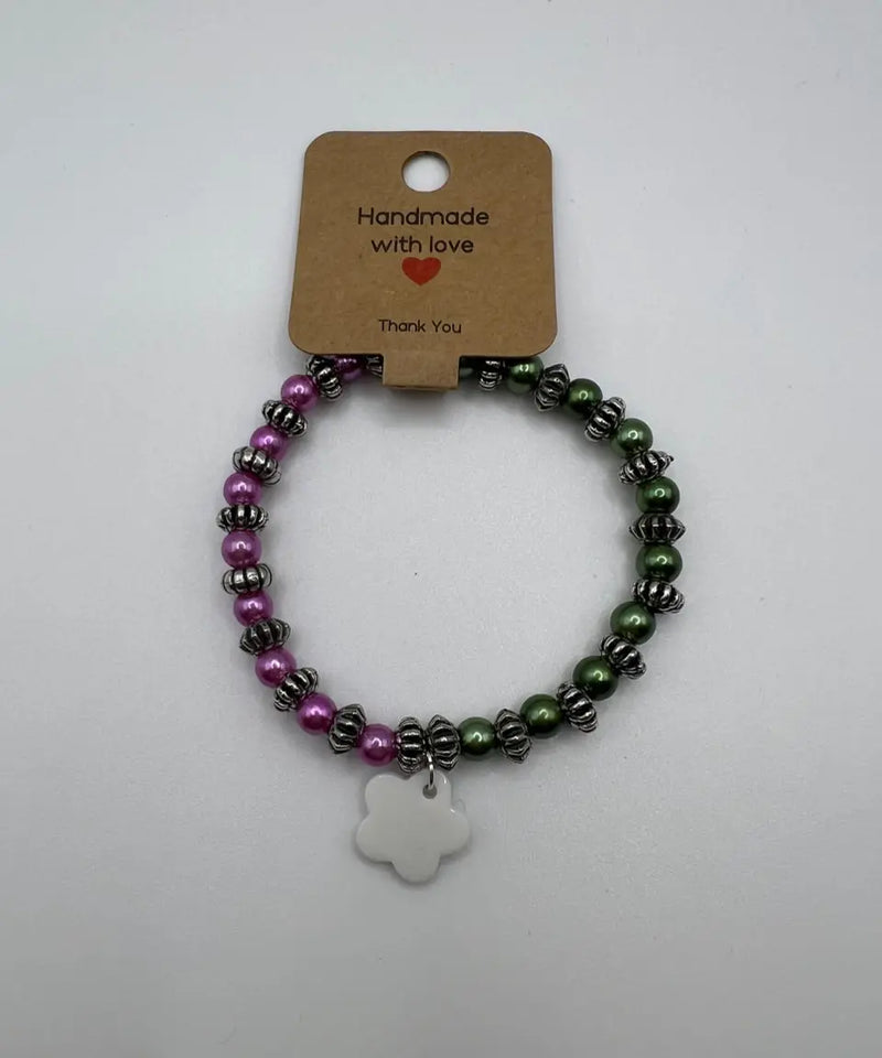 Asymmetric Pink & Green Flower Stretch Bracelet - Kel’s Lampworked Glass Jewellery & More