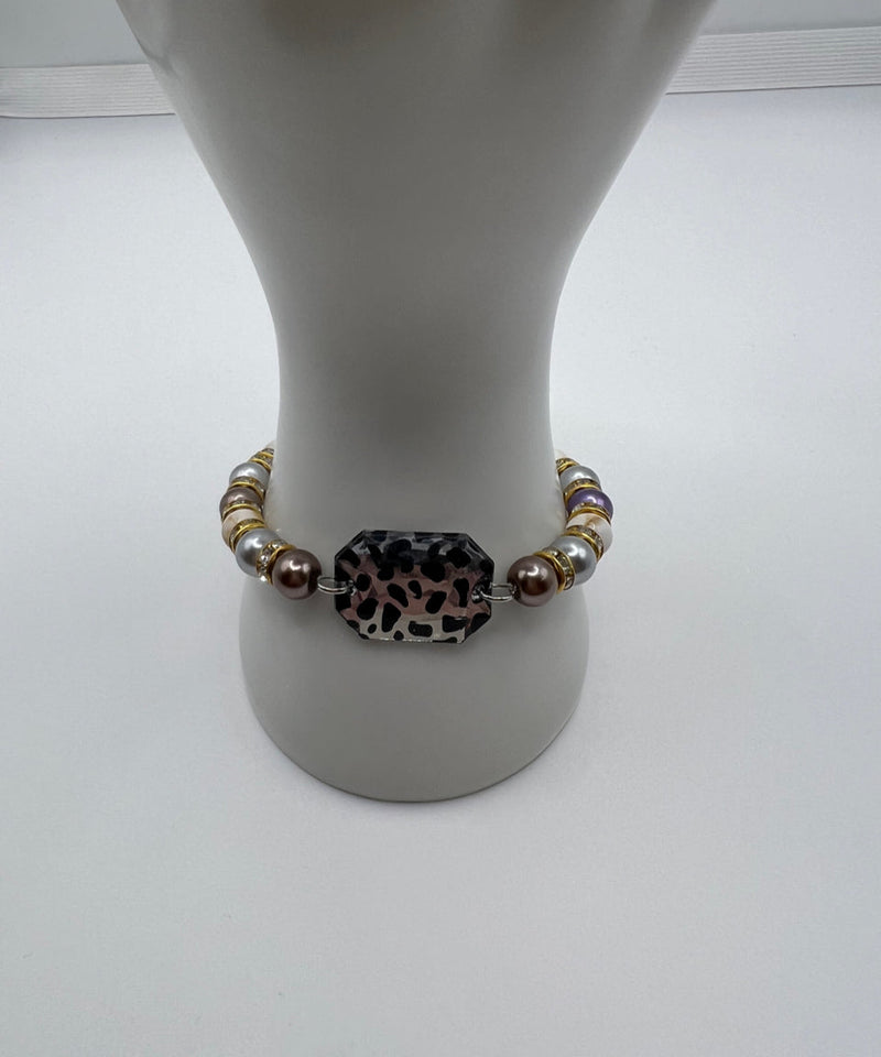 Marbled Glass Bead & Faux Glass Pearls W/ Sparkle Hiding Behind The Leopard Print Glass Stretch Bracelet Kel’s Lampworked Glass Jewellery & More