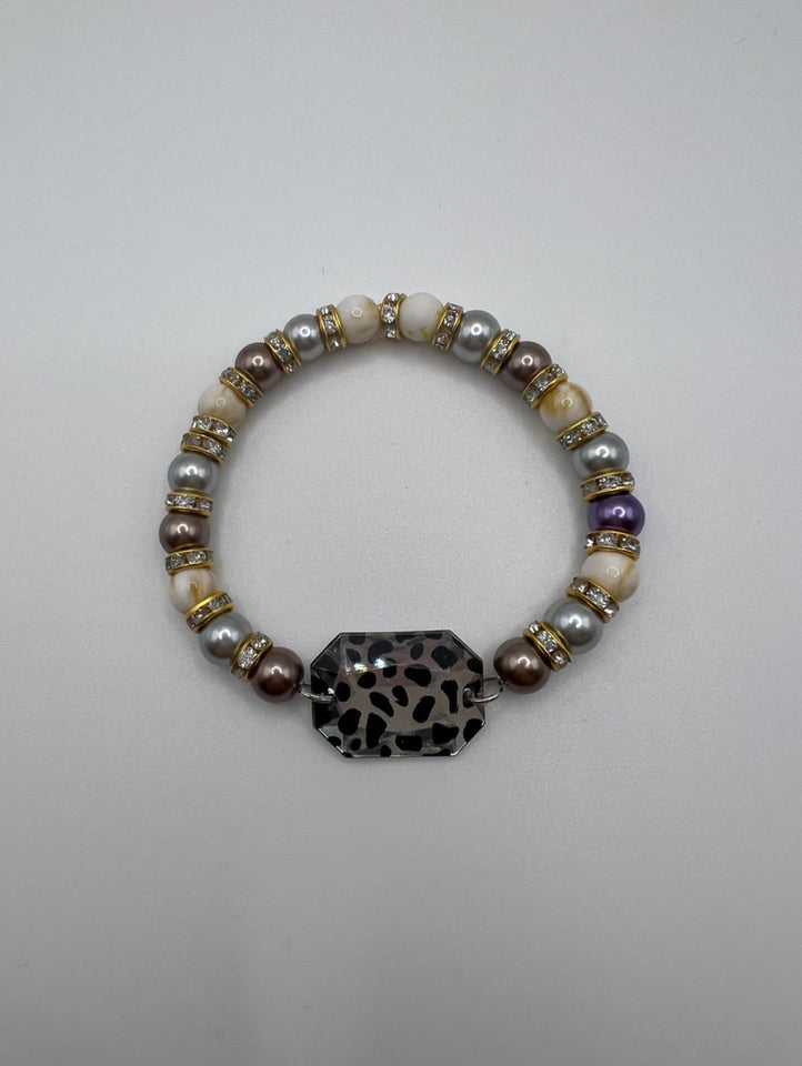 Marbled Glass Bead & Faux Glass Pearls W/ Sparkle Hiding Behind The Leopard Print Glass Stretch Bracelet Kel’s Lampworked Glass Jewellery & More