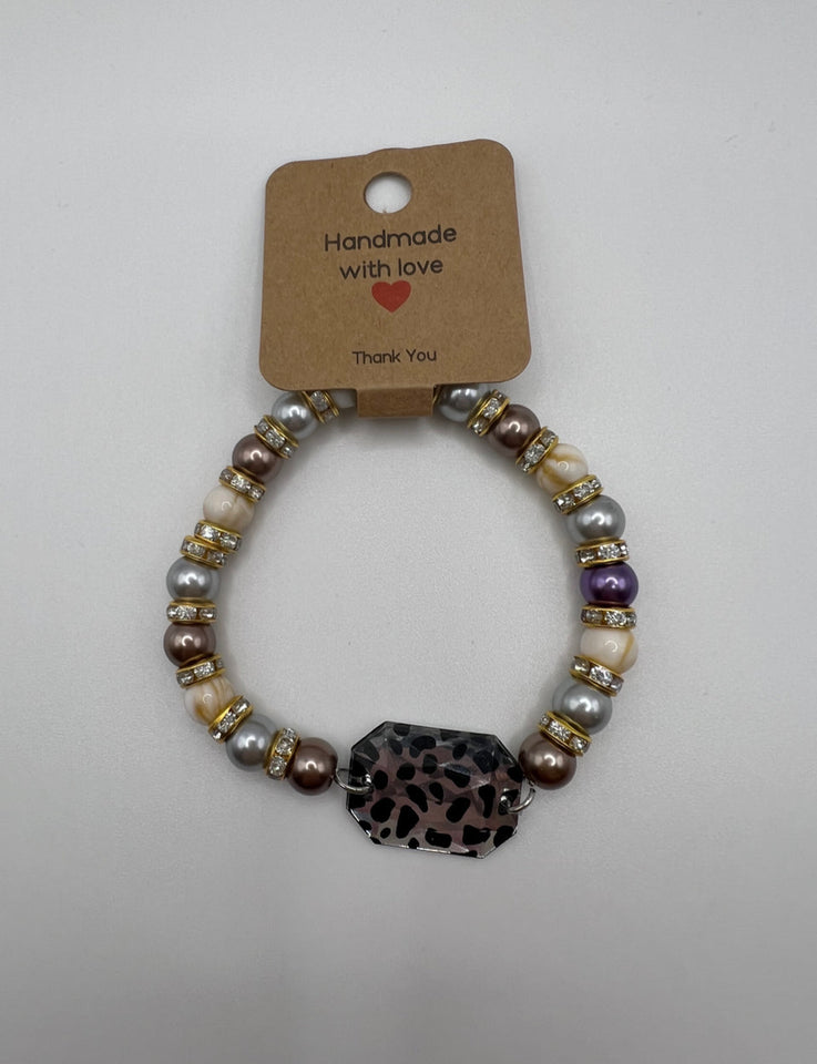 Marbled Glass Bead & Faux Glass Pearls W/ Sparkle Hiding Behind The Leopard Print Glass Stretch Bracelet Kel’s Lampworked Glass Jewellery & More