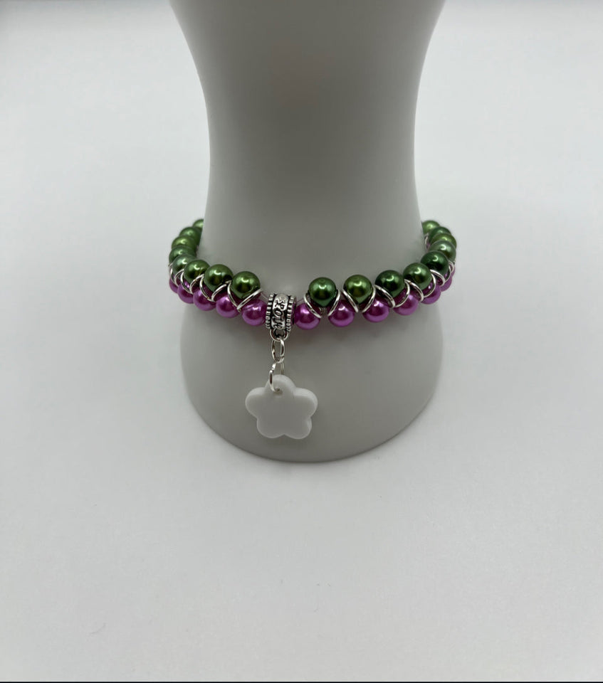 Pink & Green Faux Glass Pearls Goddess Stretch Bracelet Kel’s Lampworked Glass Jewellery & More