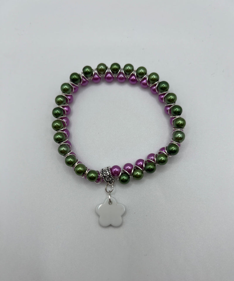 Pink & Green Faux Glass Pearls Goddess Stretch Bracelet Kel’s Lampworked Glass Jewellery & More