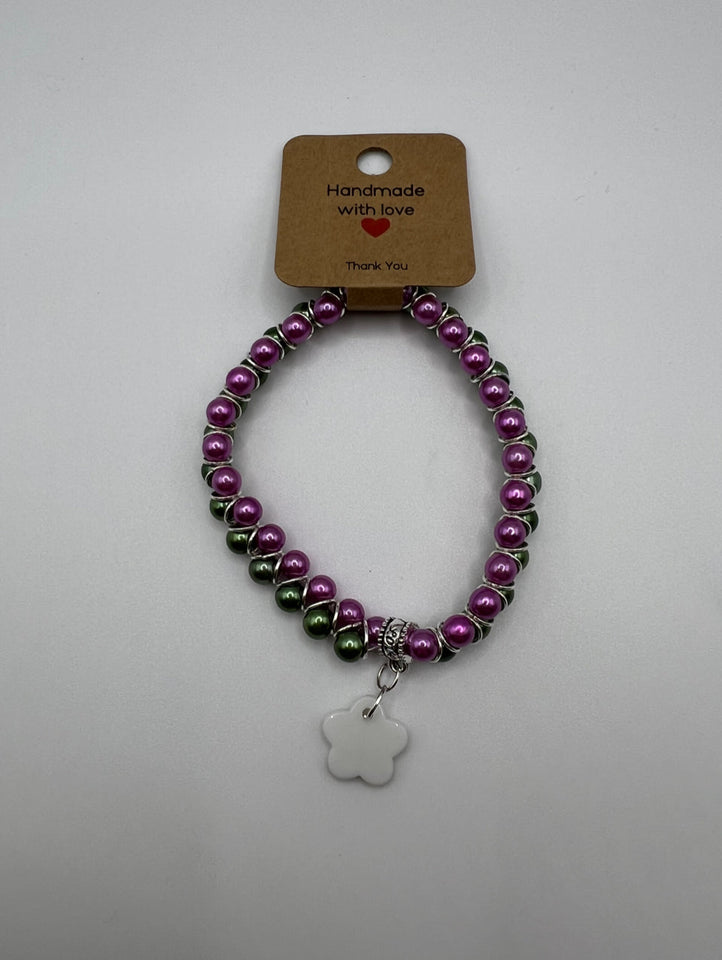 Pink & Green Faux Glass Pearls Goddess Stretch Bracelet Kel’s Lampworked Glass Jewellery & More