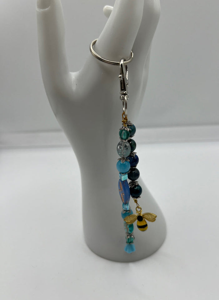 The Blue Flower And Bee Keychain/Ring/Handbag Charm/Purse Dangle Kel’s Lampworked Glass Jewellery & More
