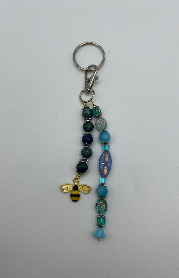 The Blue Flower And Bee Keychain/Ring/Handbag Charm/Purse Dangle Kel’s Lampworked Glass Jewellery & More