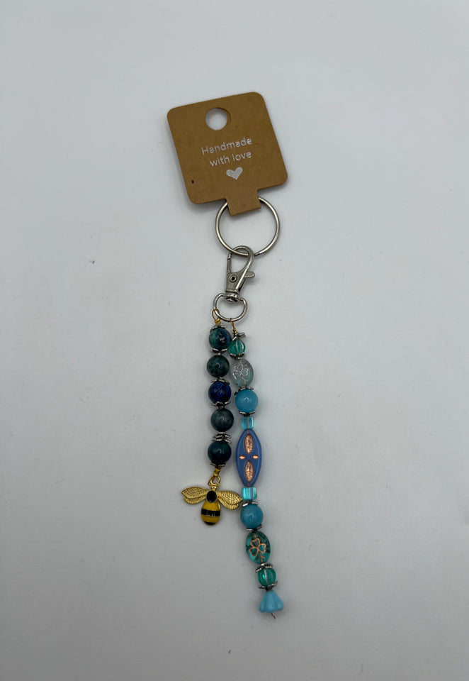 The Blue Flower And Bee Keychain/Ring/Handbag Charm/Purse Dangle Kel’s Lampworked Glass Jewellery & More