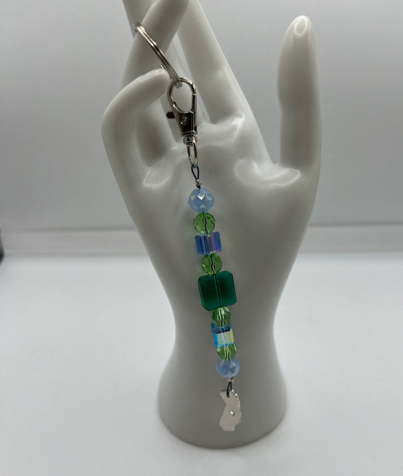 Green On A Lake Of Blue California Keychain/Ring/Handbag Charm/Purse Dangle Kel’s Lampworked Glass Jewellery & More