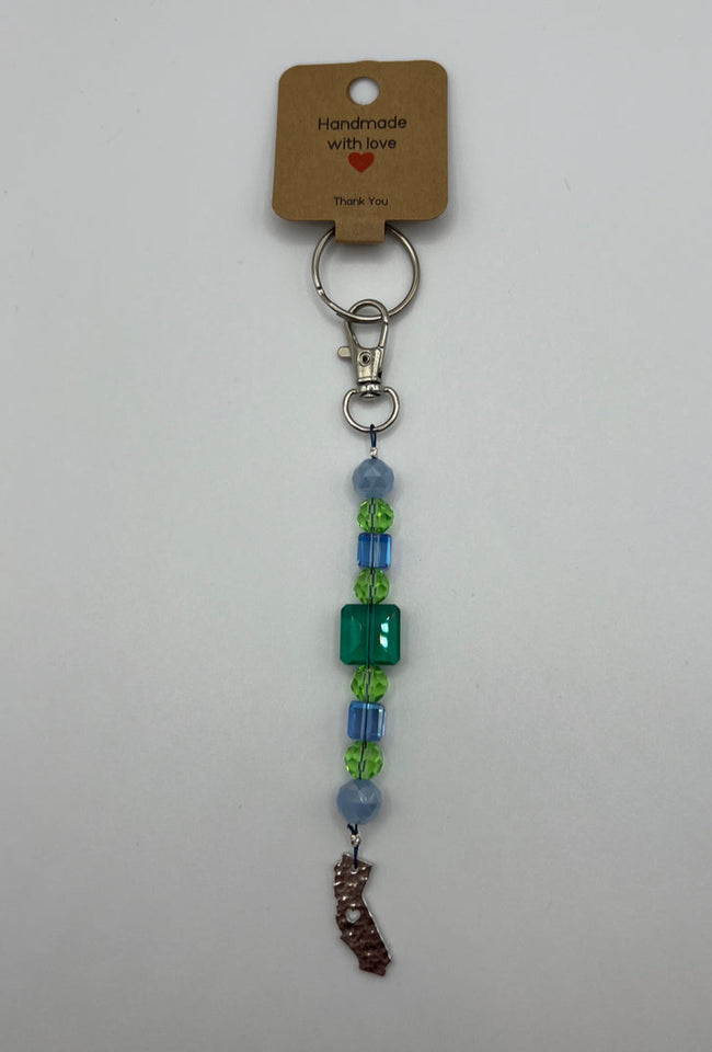 Green On A Lake Of Blue California Keychain/Ring/Handbag Charm/Purse Dangle Kel’s Lampworked Glass Jewellery & More