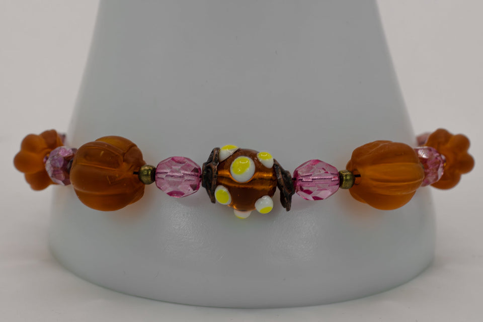 Rhodonite And Amber Lampwork Beads Bracelet Kel's Lampworked Glass Jewellery & More