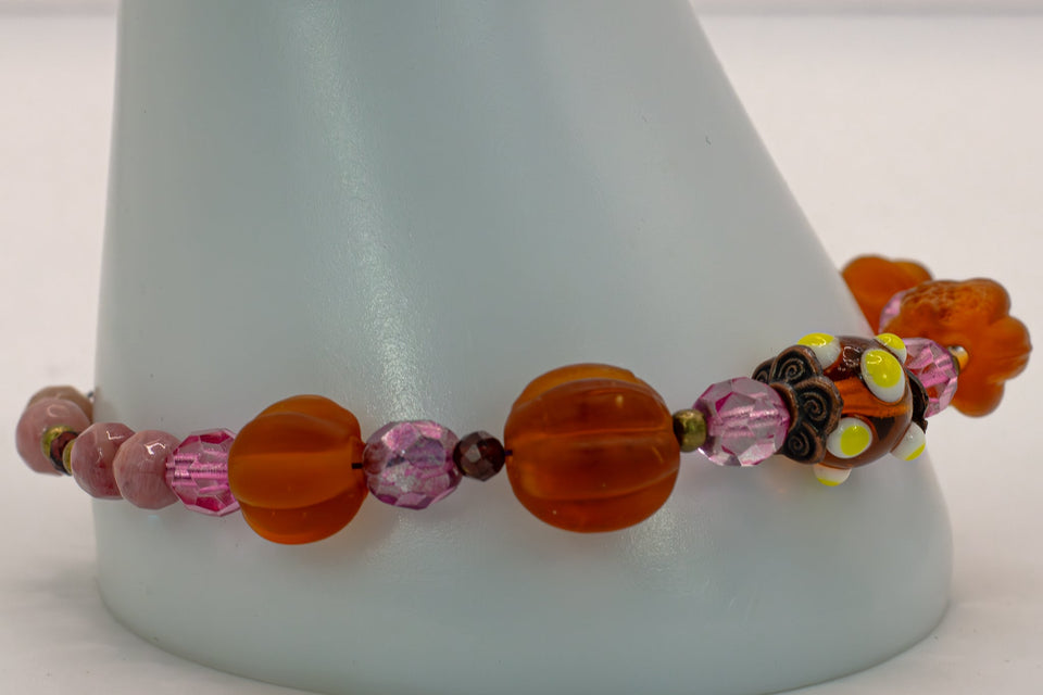 Rhodonite And Amber Lampwork Beads Bracelet Kel's Lampworked Glass Jewellery & More