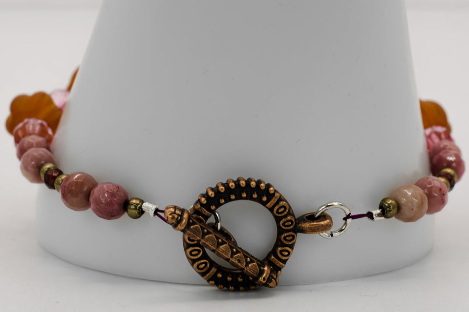 Rhodonite And Amber Lampwork Beads Bracelet Kel's Lampworked Glass Jewellery & More
