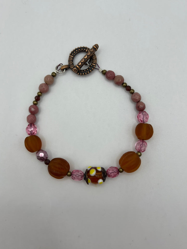 Rhodonite And Amber Lampwork Beads Bracelet Kel's Lampworked Glass Jewellery & More