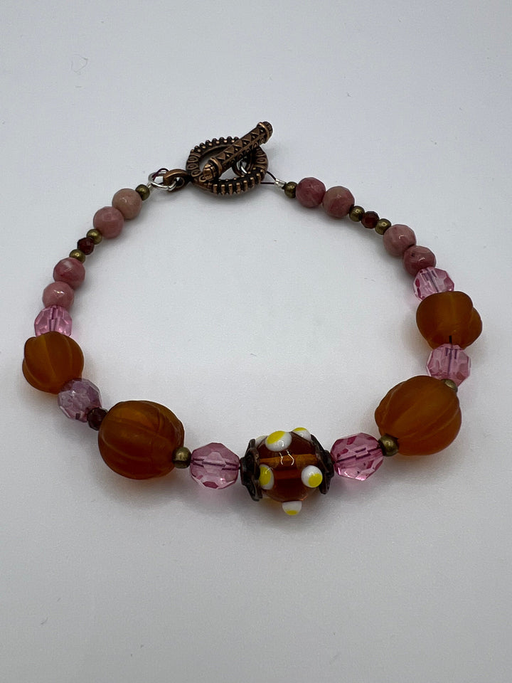 Rhodonite And Amber Lampwork Beads Bracelet Kel's Lampworked Glass Jewellery & More