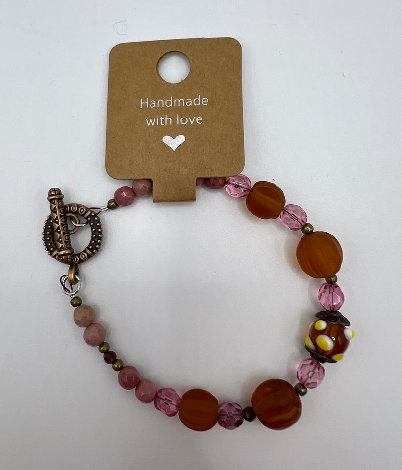 Rhodonite And Amber Lampwork Beads Bracelet Kel's Lampworked Glass Jewellery & More