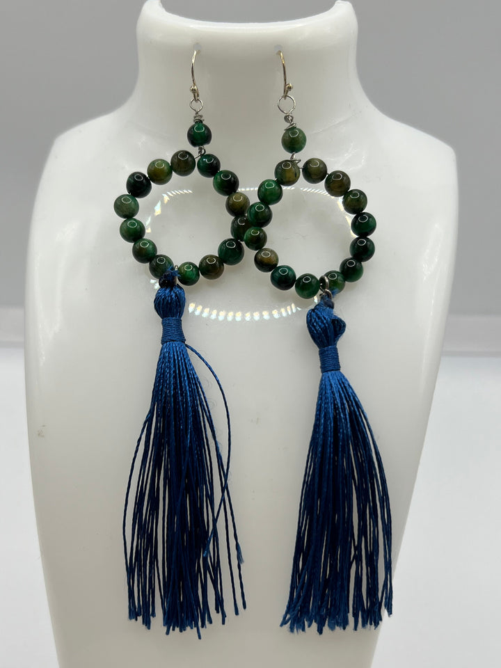 Green Tigers Eye Hoop Earrings With Blue Tassels Kel's Lampworked Glass Jewellery & More
