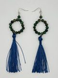 Green Tigers Eye Hoop Earrings With Blue Tassels Kel's Lampworked Glass Jewellery & More