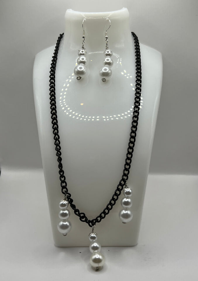 The Triple Faux Pearl Dangle Necklace And Earrings Jewellery Set image 0