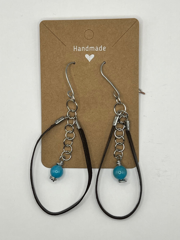 Faux Leather & Blue Bead Dangle Earrings image 2