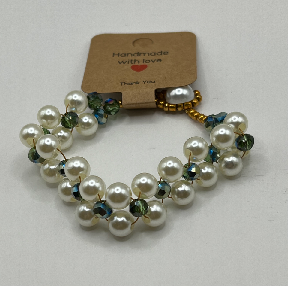 Double Strand Faux  Pearls withBlue/Silver Acrylic Bead Pearl Button Bracelet image 2