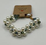 Double Strand Faux  Pearls withBlue/Silver Acrylic Bead Pearl Button Bracelet image 2