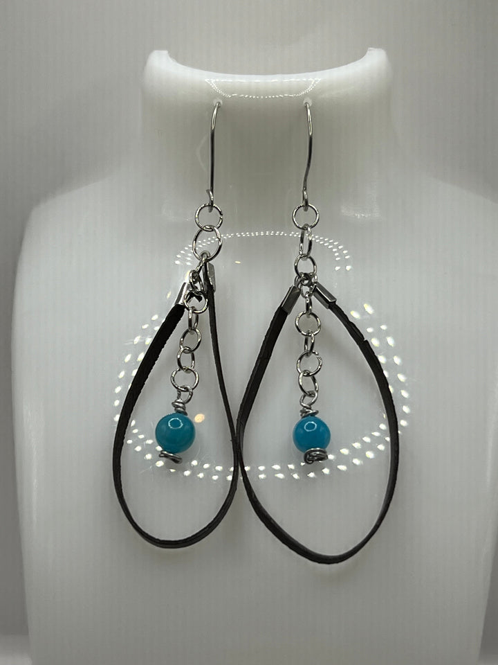 Faux Leather & Blue Bead Dangle Earrings image 0