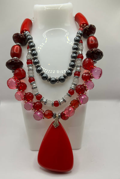 Three Strand Red Glass And White & Black Pearl Necklace image 0